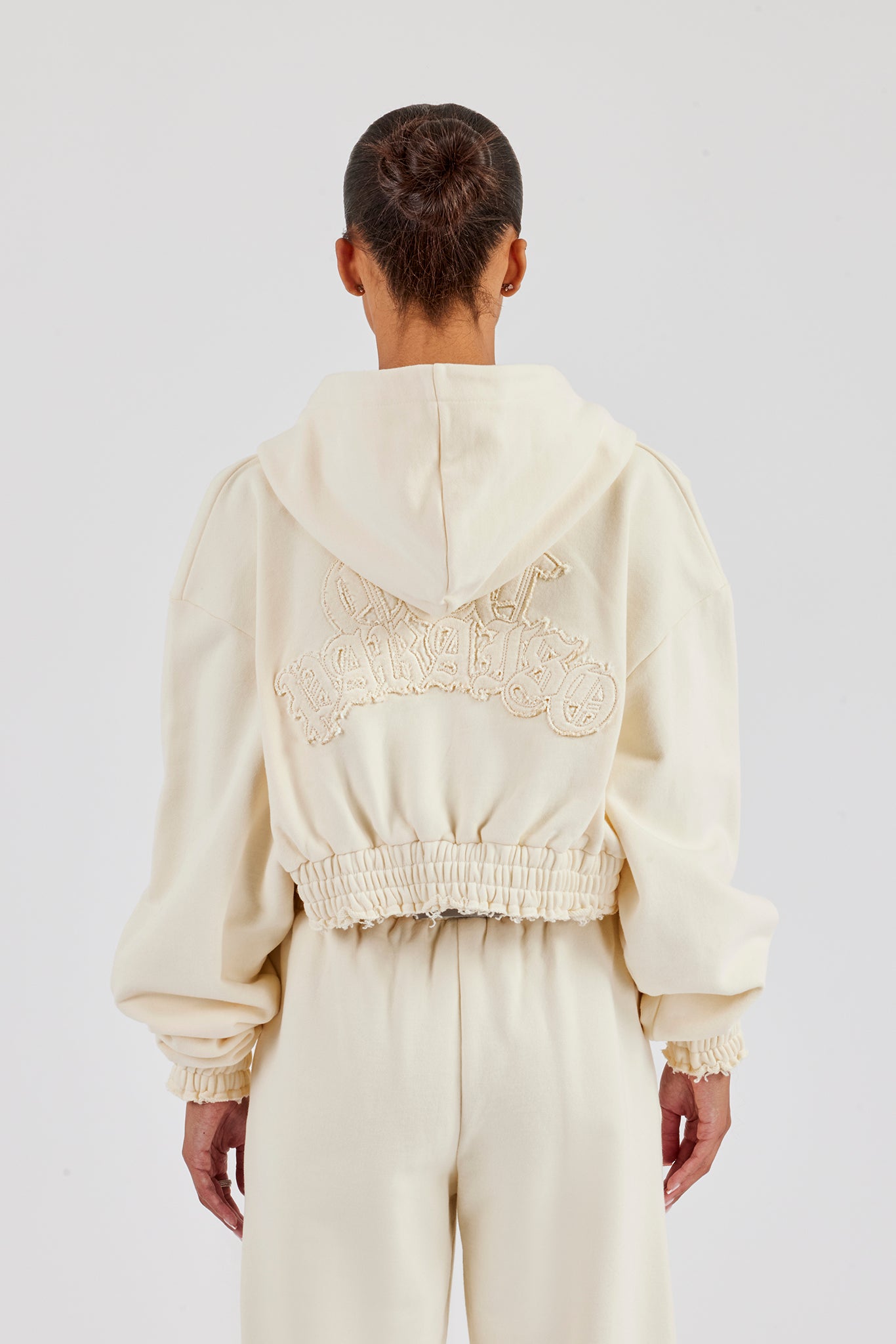 Distressed Applique Cropped Hoodie - Butter Yellow