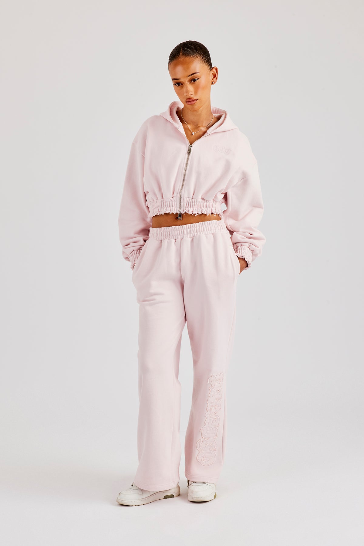 Distressed Applique Cropped Tracksuit Baby Pink Womens Sets