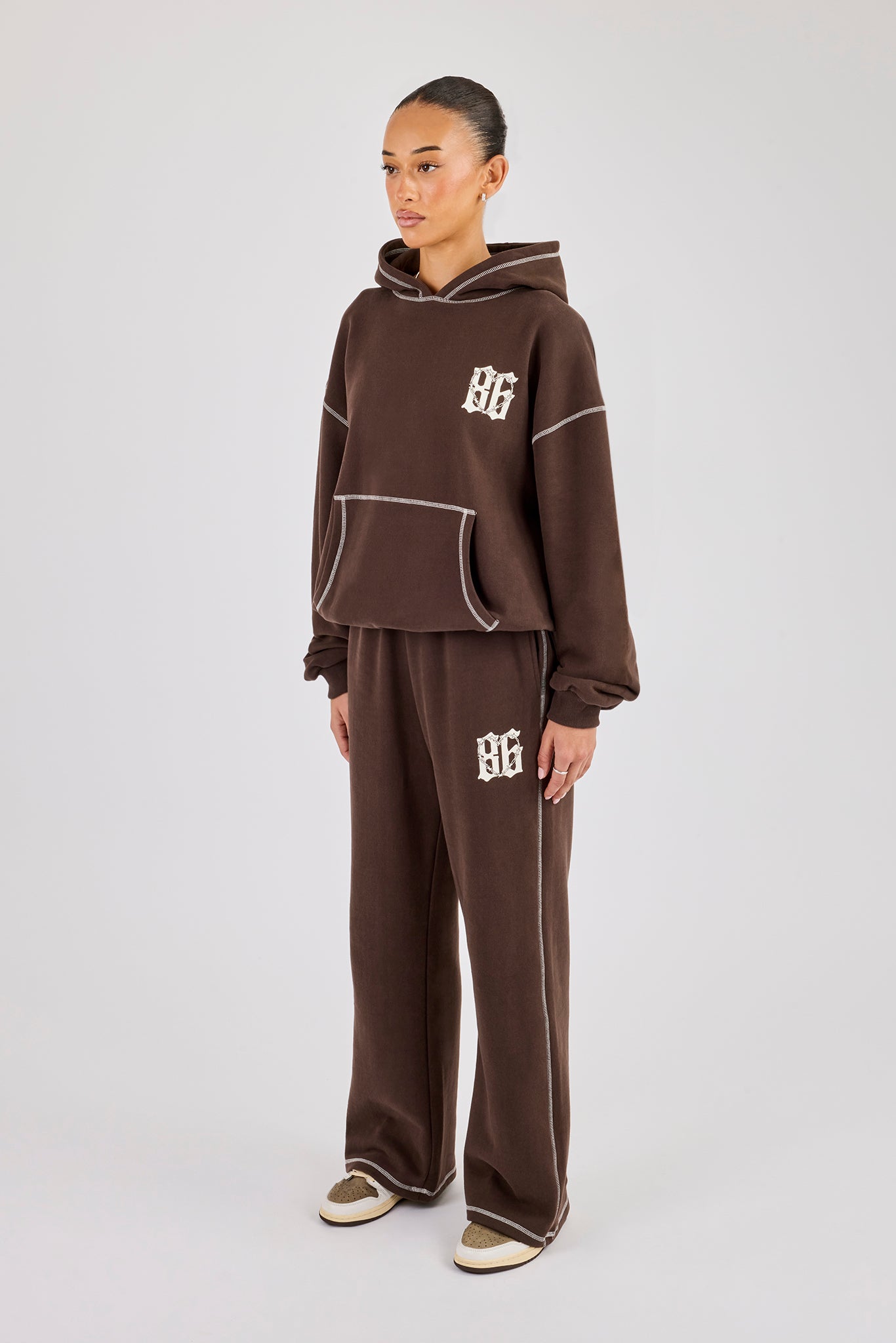 Distressed 86 Oversized Hoodie & Wide Leg Jogger - Chocolate