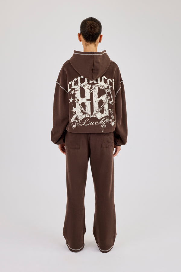 Distressed 86 Oversized Hoodie & Wide Leg Jogger - Chocolate