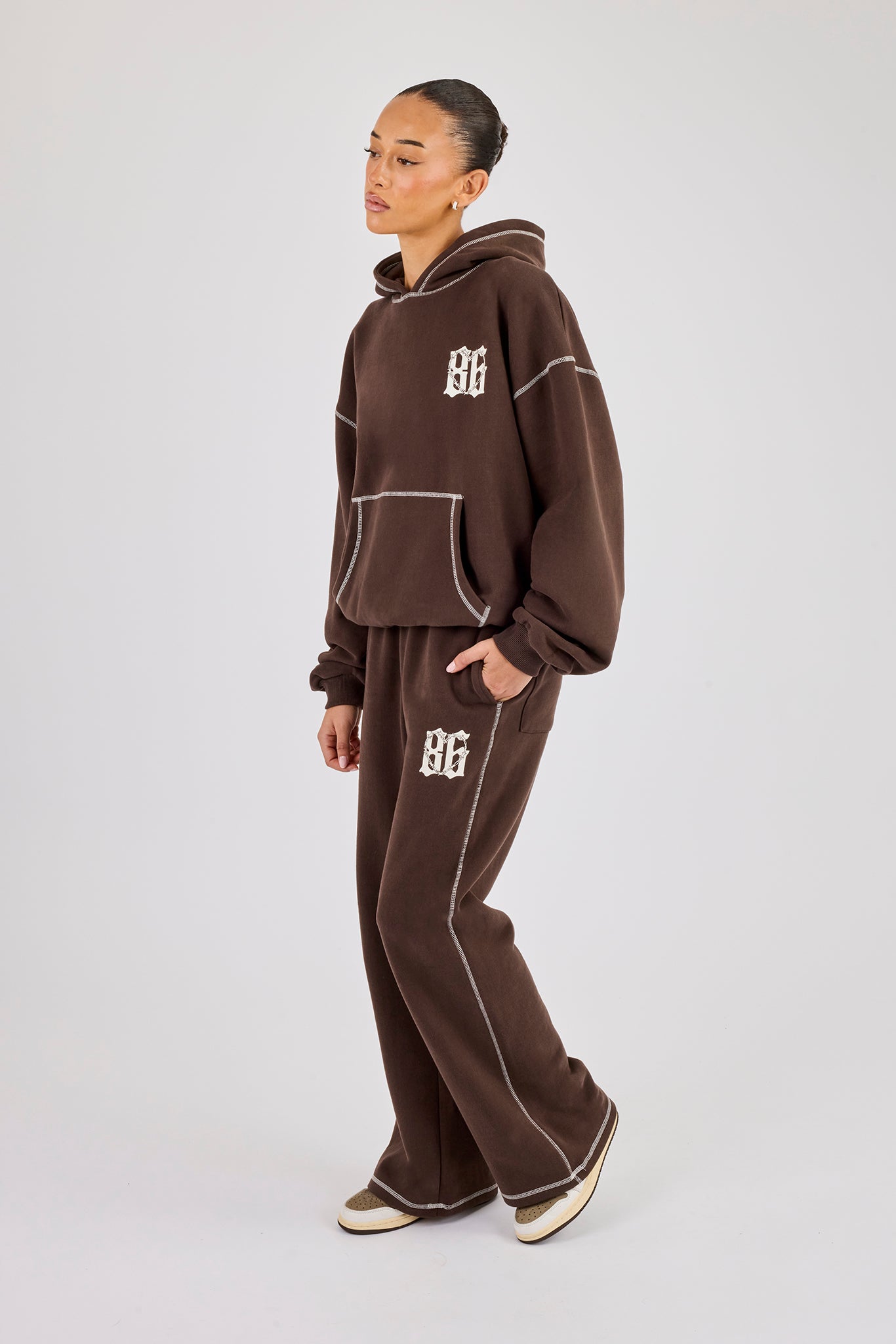 Distressed 86 Oversized Hoodie & Wide Leg Jogger - Chocolate