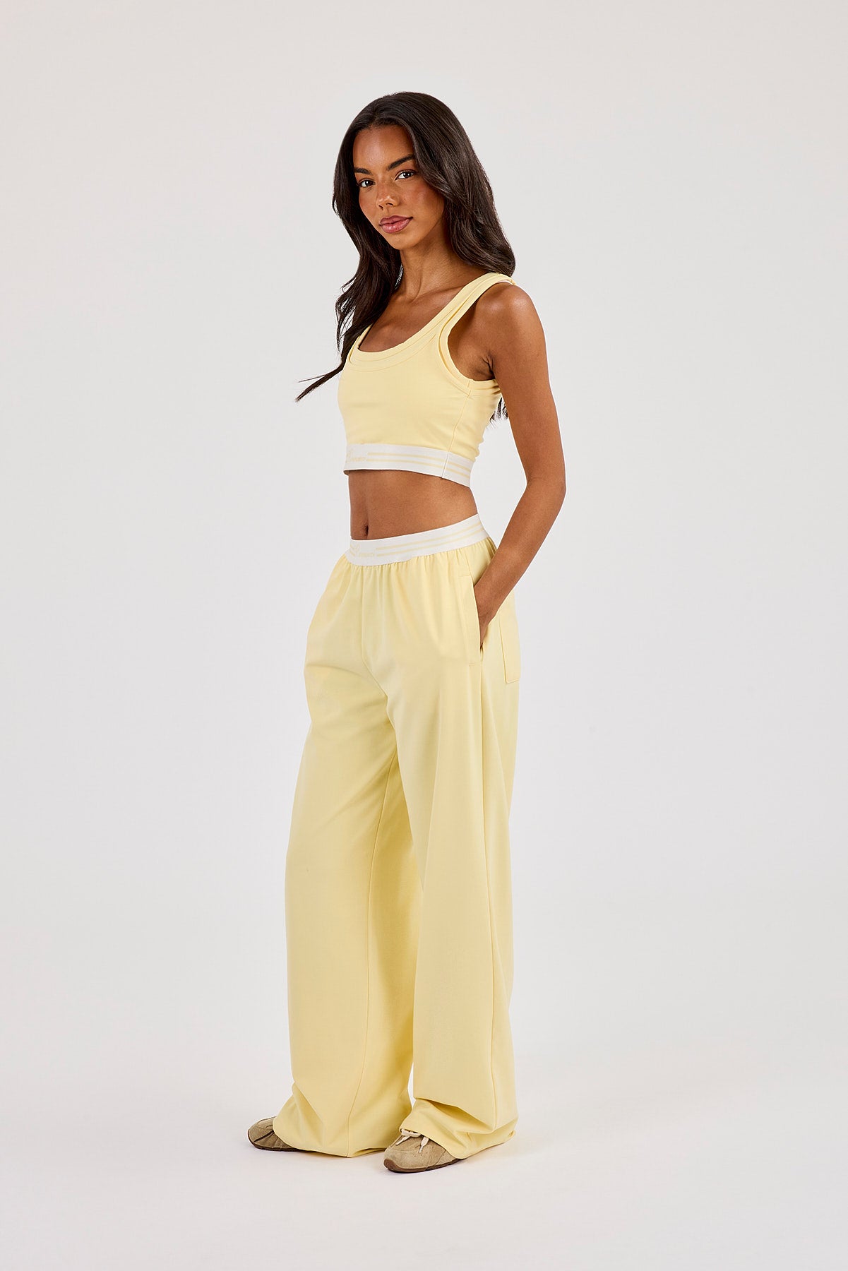 Double Layer Crop Top & Intarsia Waistband Wide Leg Trouser - Butter Yellow
