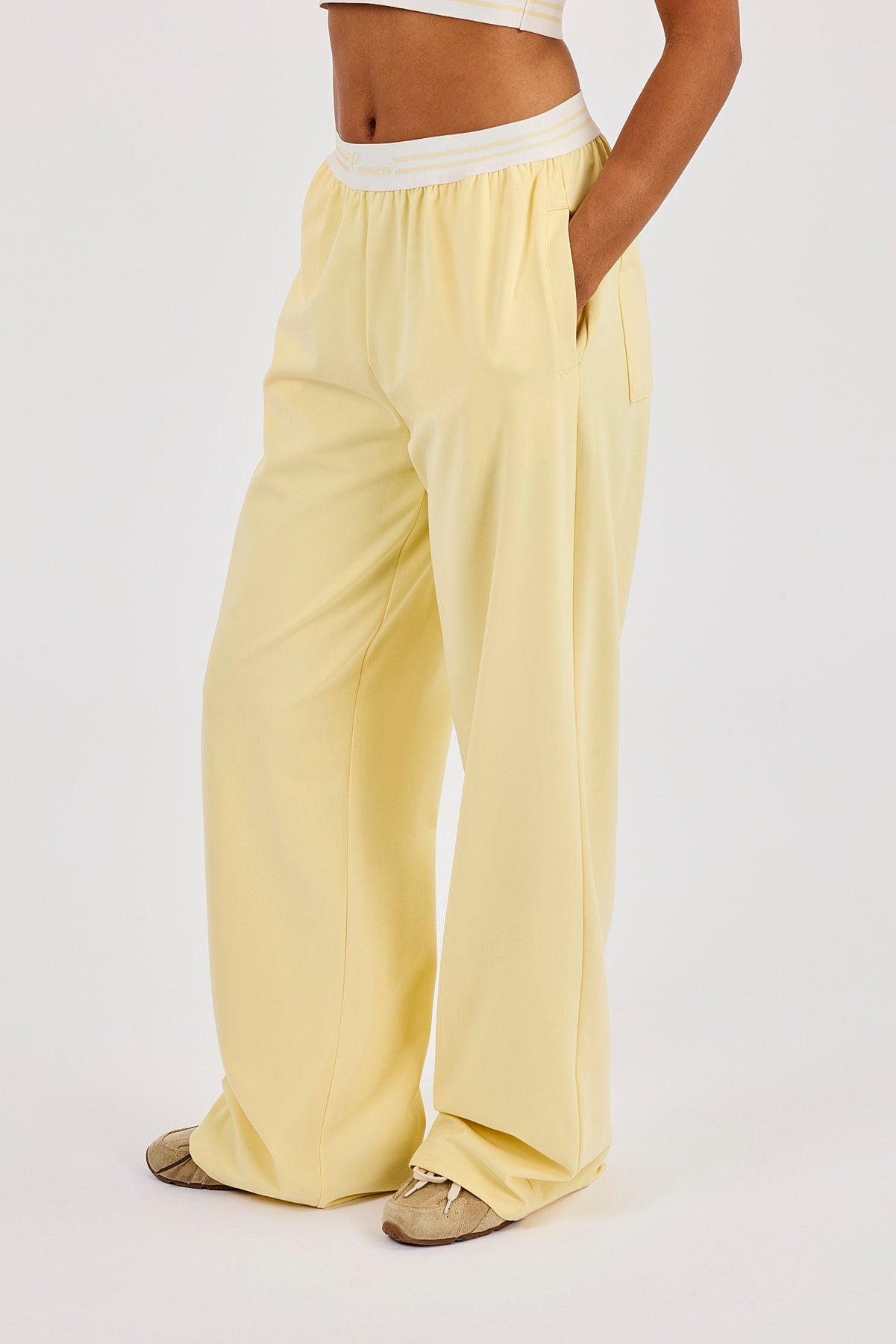 Intarsia Waistband Wide Leg Trouser - Butter Yellow