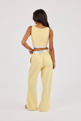 Double Layer Crop Top & Intarsia Waistband Wide Leg Trouser - Butter Yellow