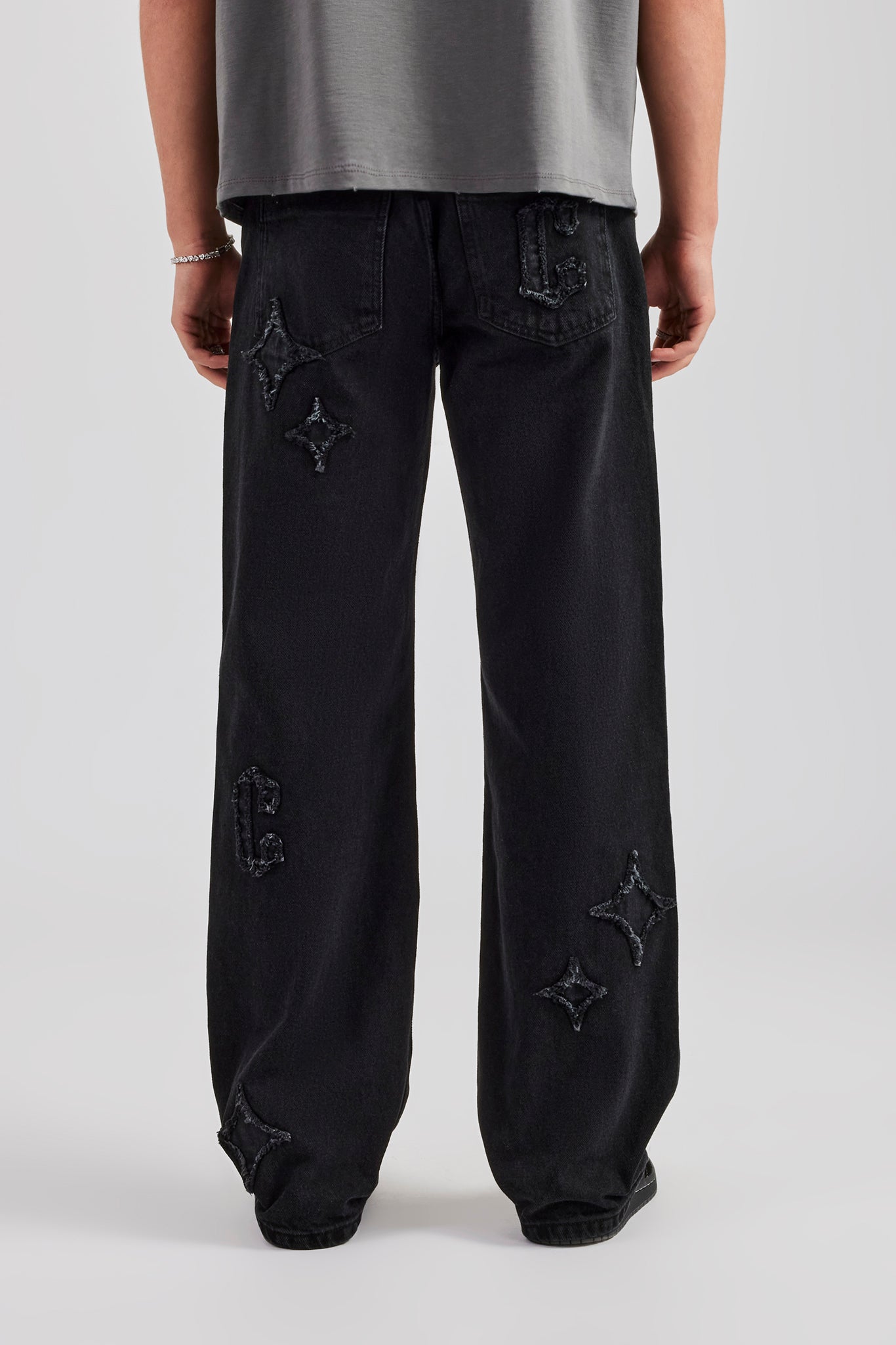 Mens Relaxed Fit Applique Denim Jean - Washed Black | Mens Denim