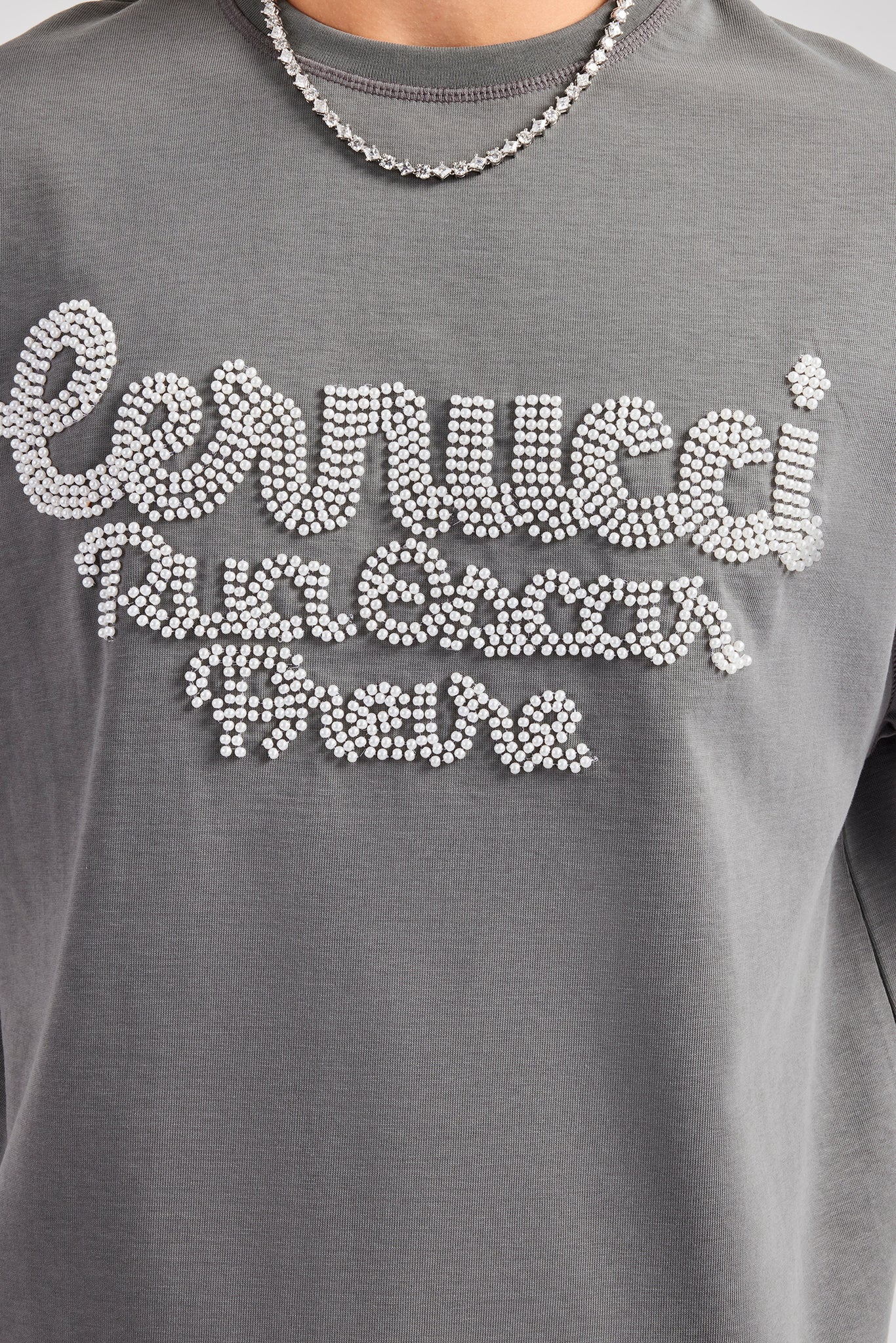 Oversized Boxy Washed Pearl Detail T-Shirt - Charcoal | Mens Tees