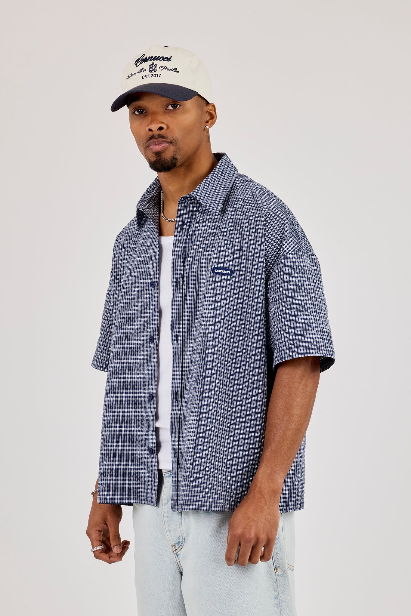 Short Sleeve Boxy Check Shirt - Navy