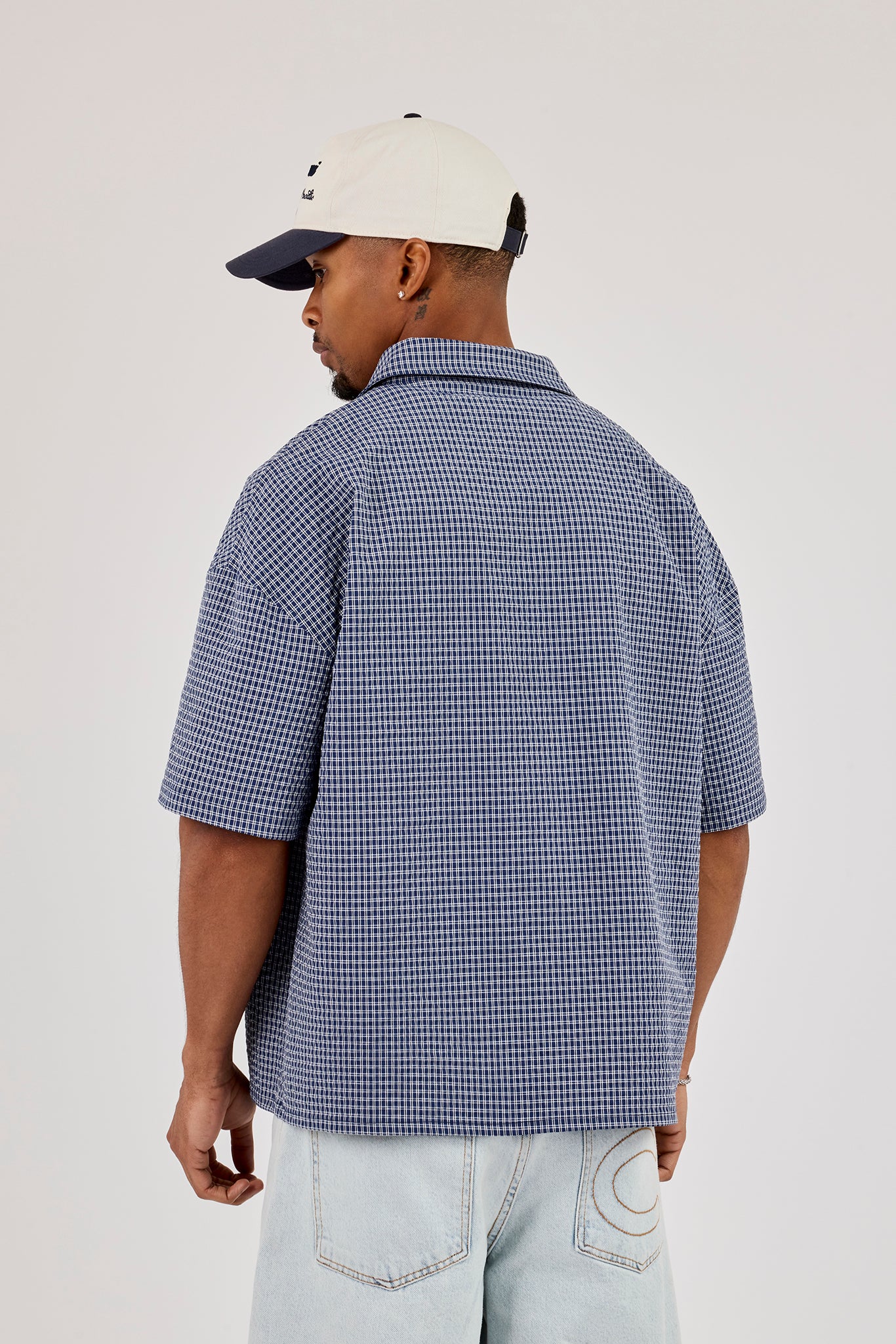 Short Sleeve Boxy Check Shirt - Navy