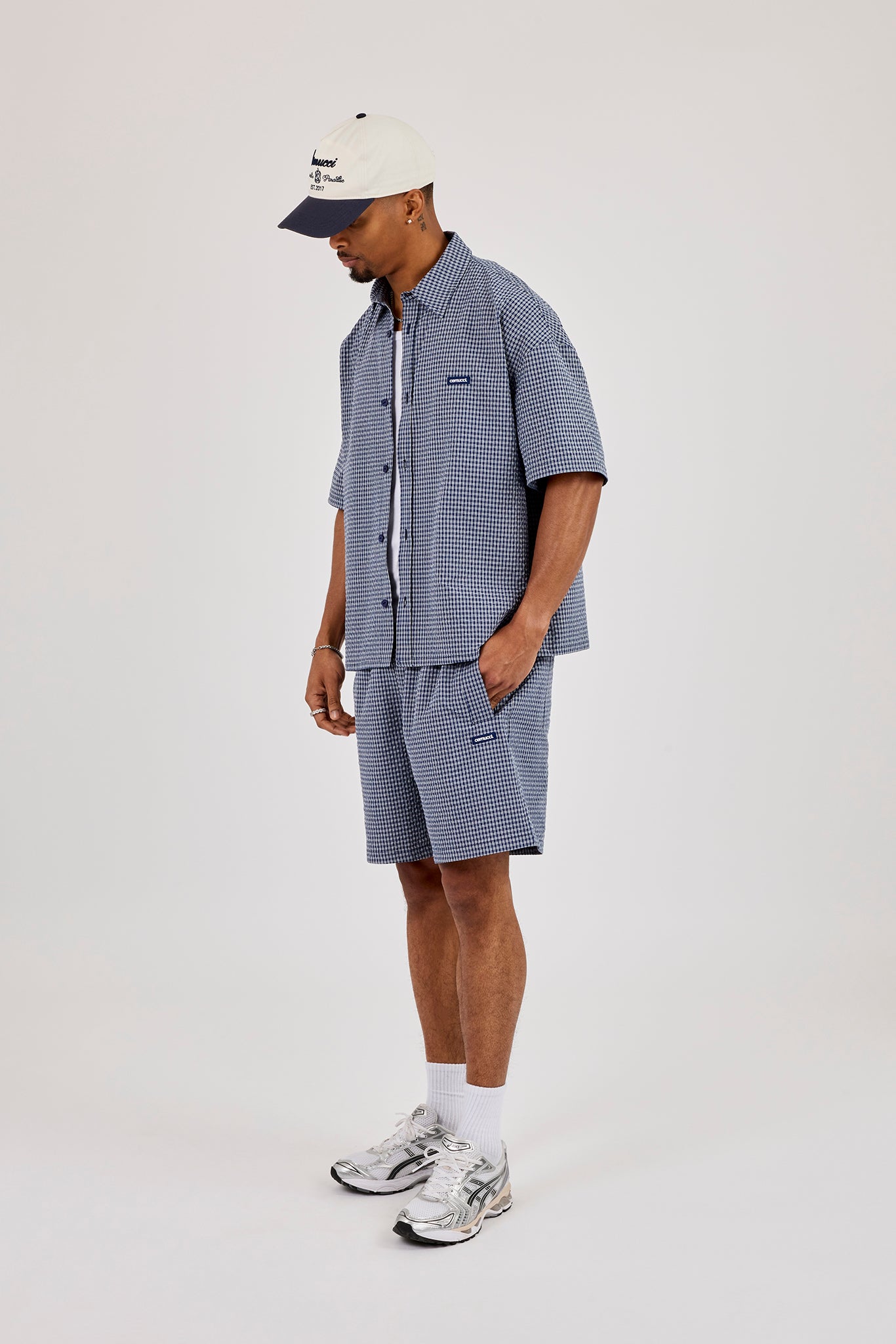 Short Sleeve Boxy Check Shirt - Navy