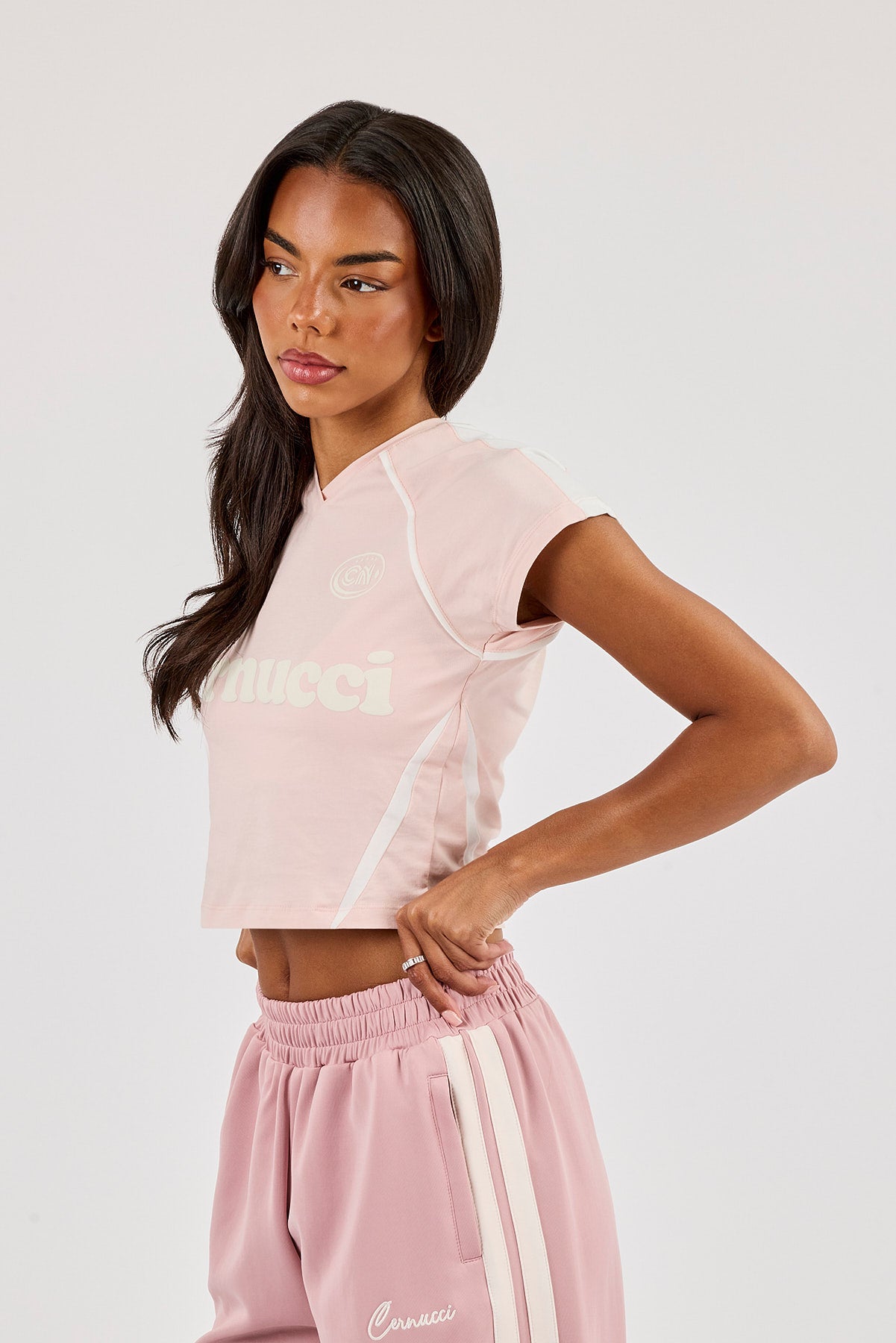 Panelled Fitted Football Baby Tee - Dusky Pink