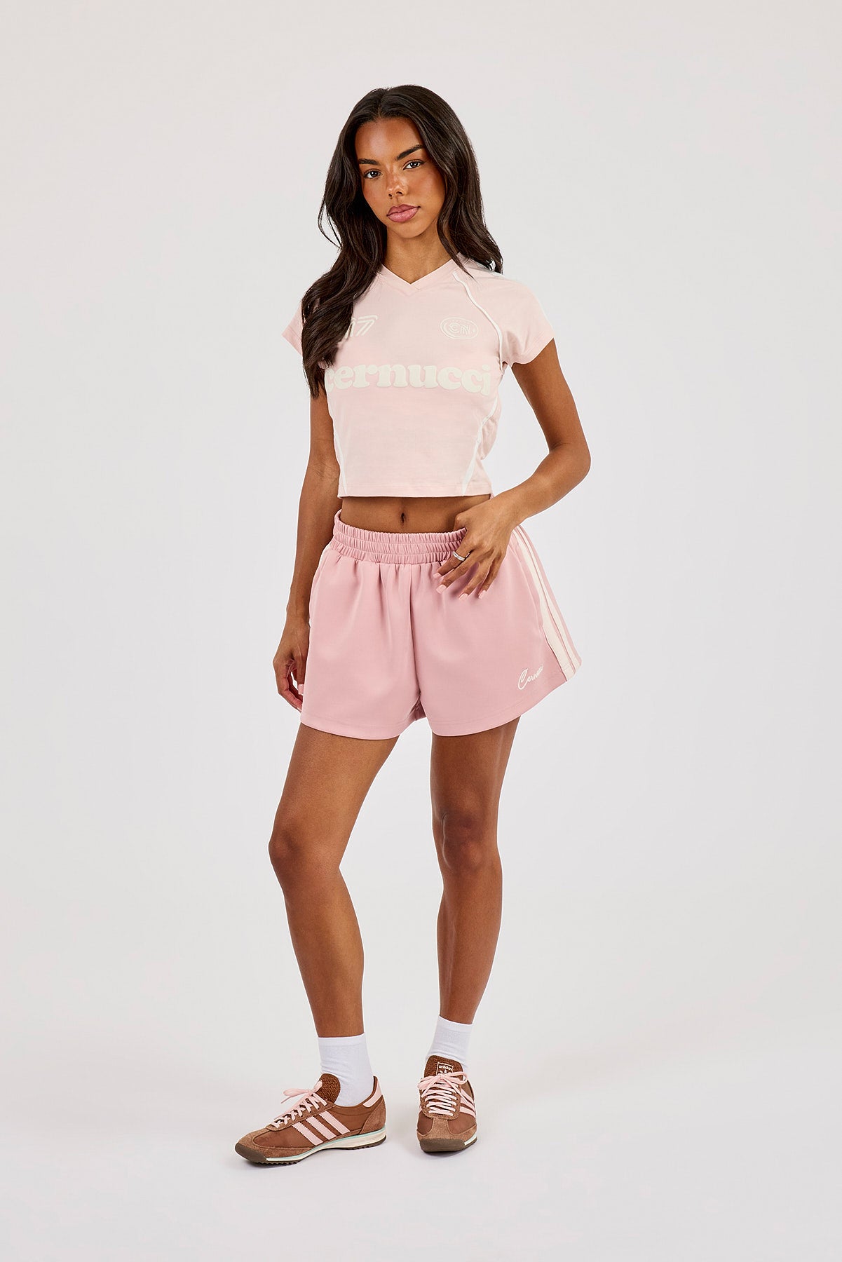 Panelled Fitted Football Baby Tee - Dusky Pink