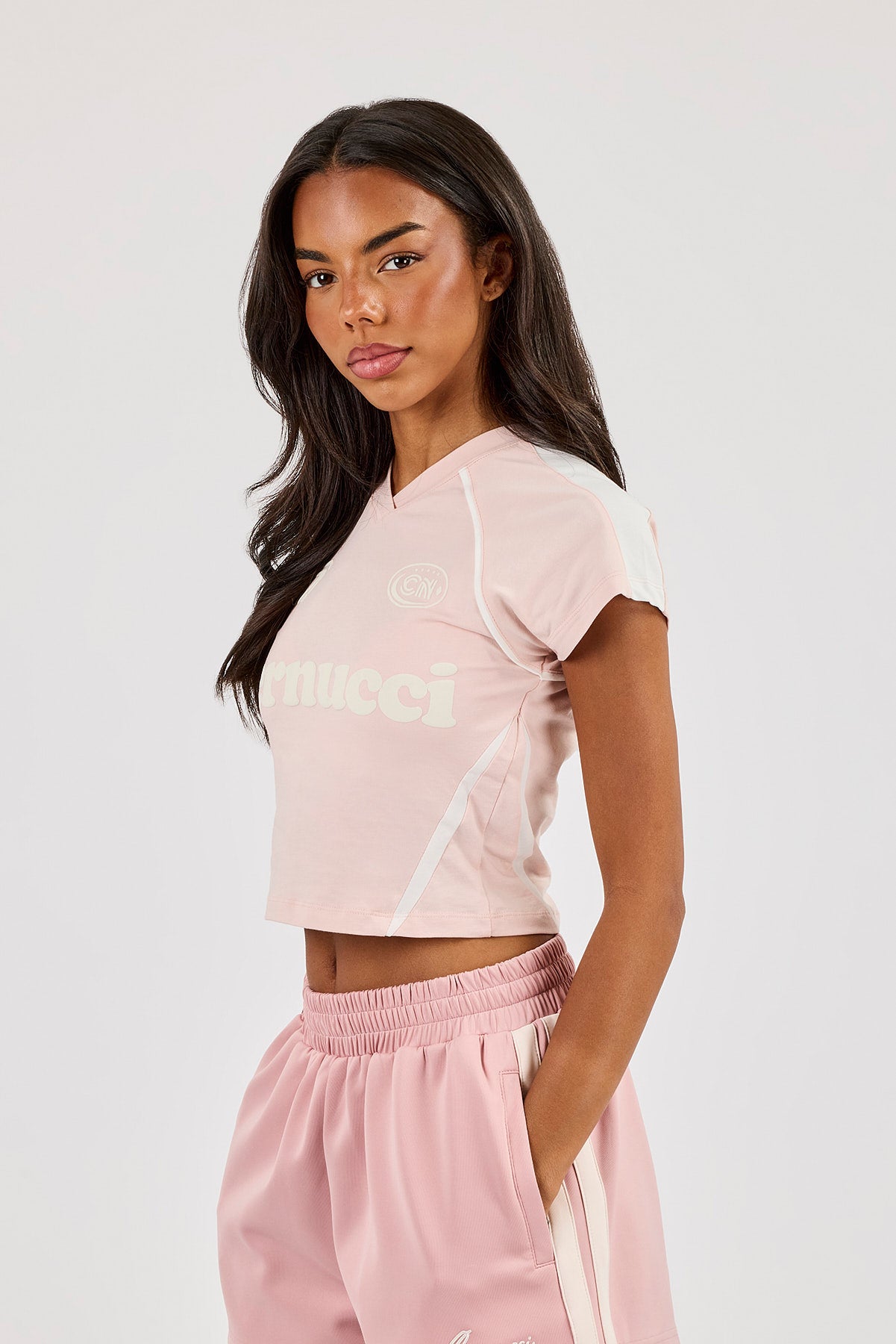 Panelled Fitted Football Baby Tee - Dusky Pink