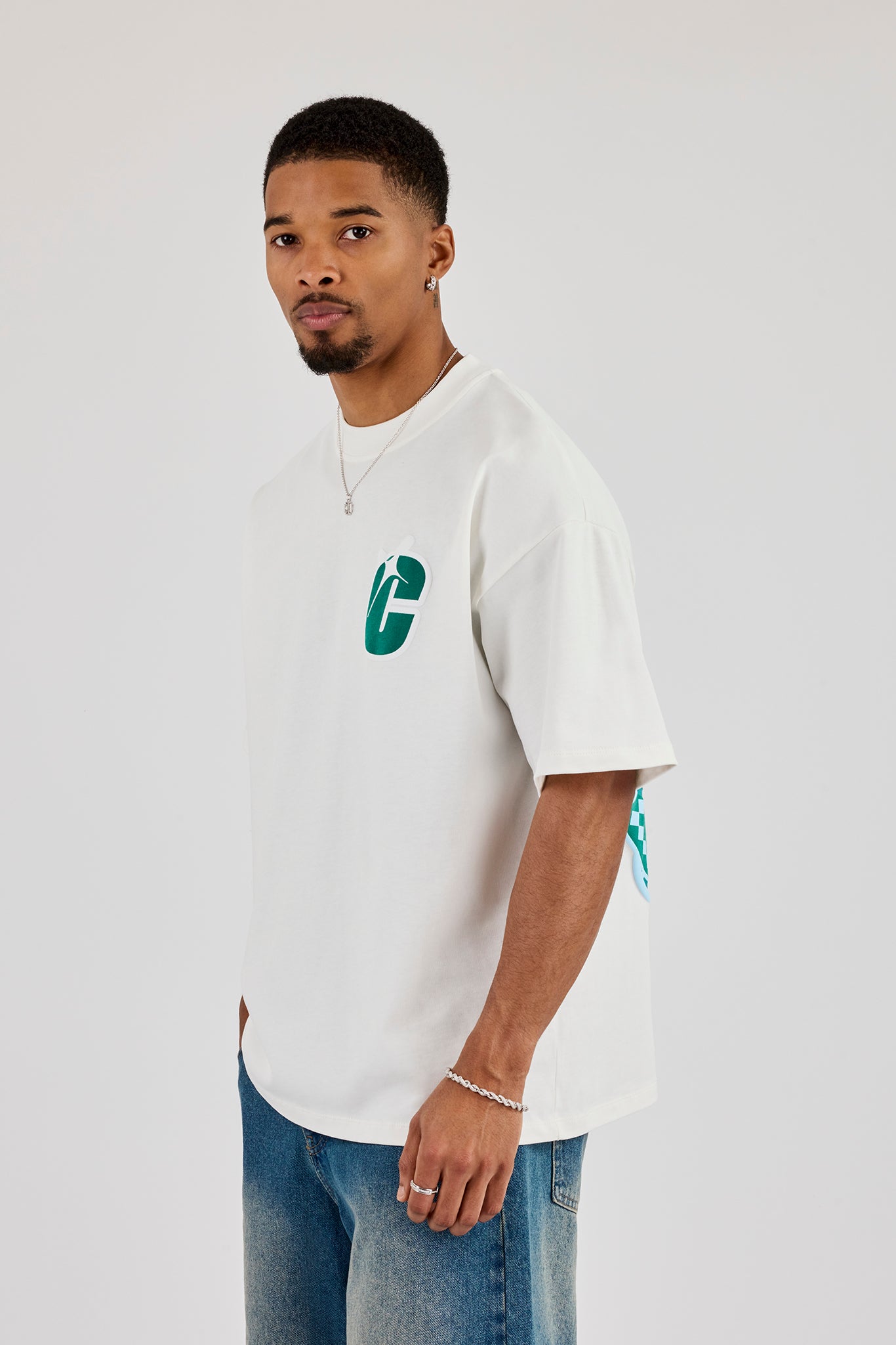 Oversized Layered Sticker Print T-Shirt - Off White