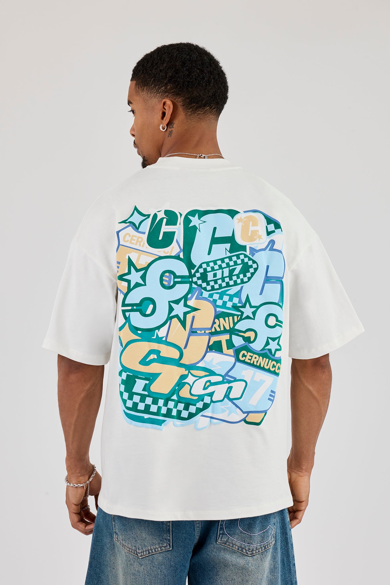 Oversized Layered Sticker Print T-Shirt - Off White