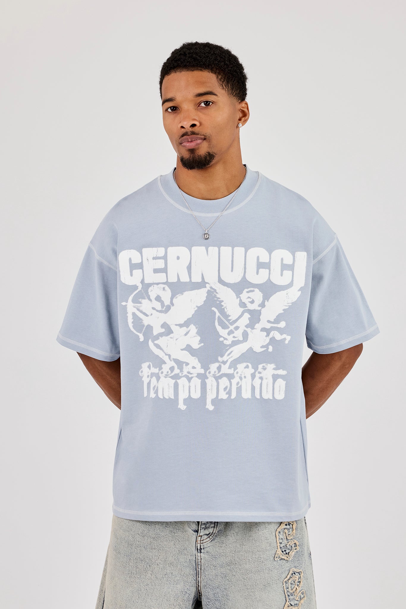 Washed Oversized Cherub Print T-Shirt - Blue