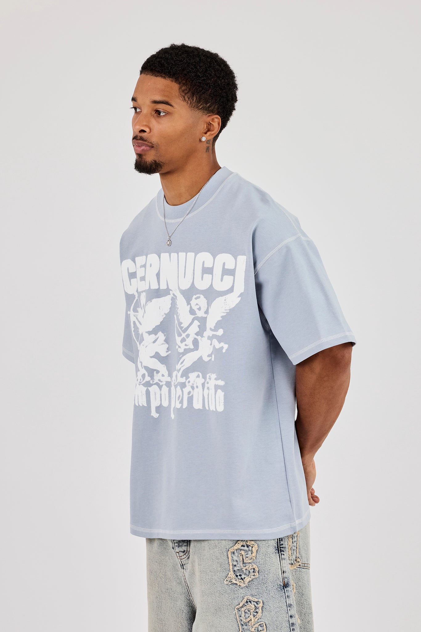 Washed Oversized Cherub Print T-Shirt - Blue