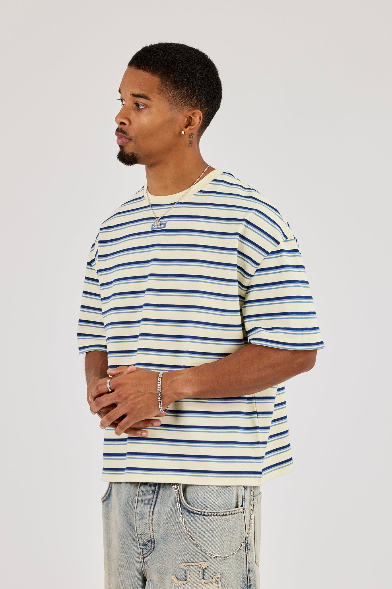 Boxy Stripe Logo Embroidered T-Shirt - Lemon | Mens Tees & Vests