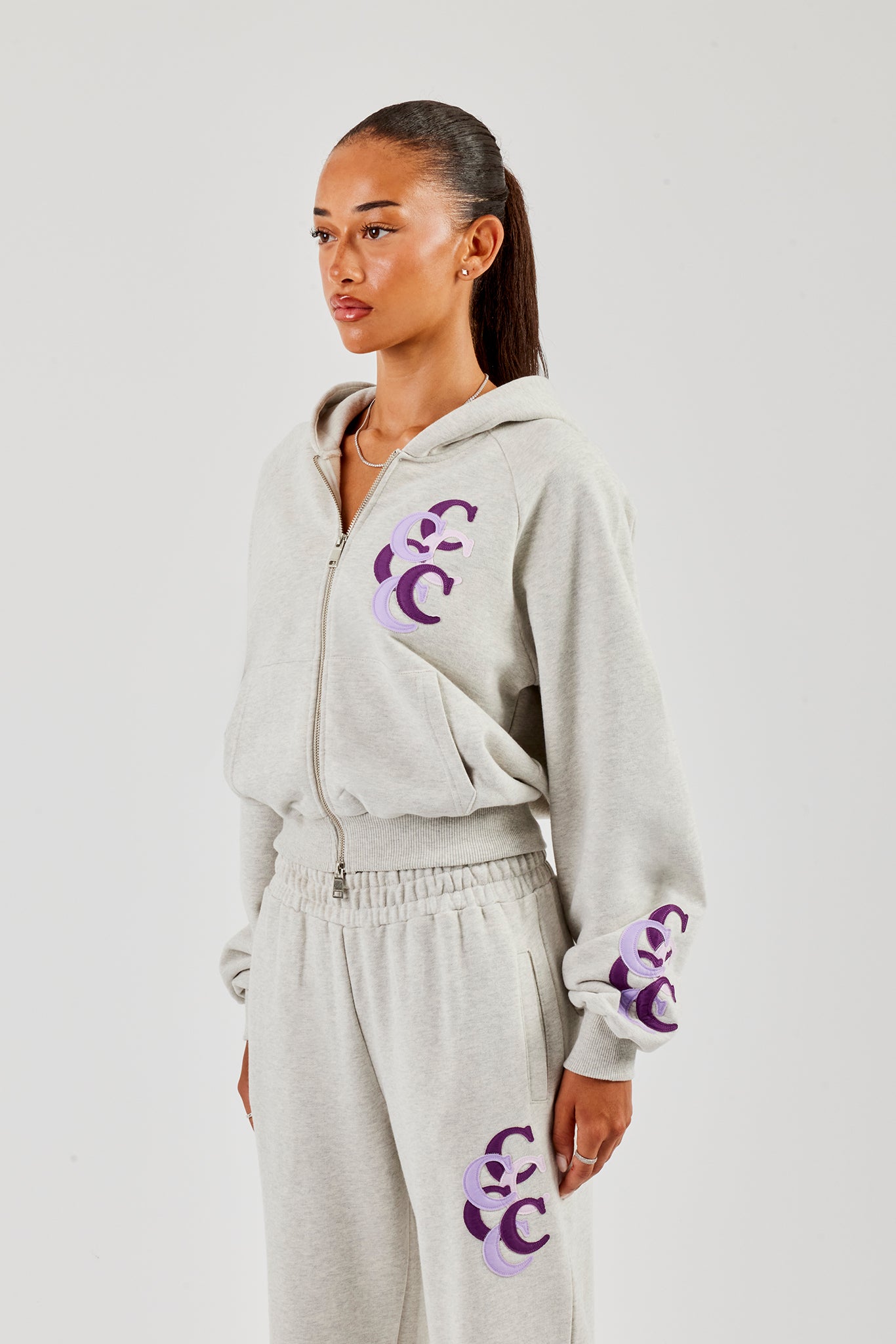 Cropped Layered Applique Zip Hoodie - Ash Grey