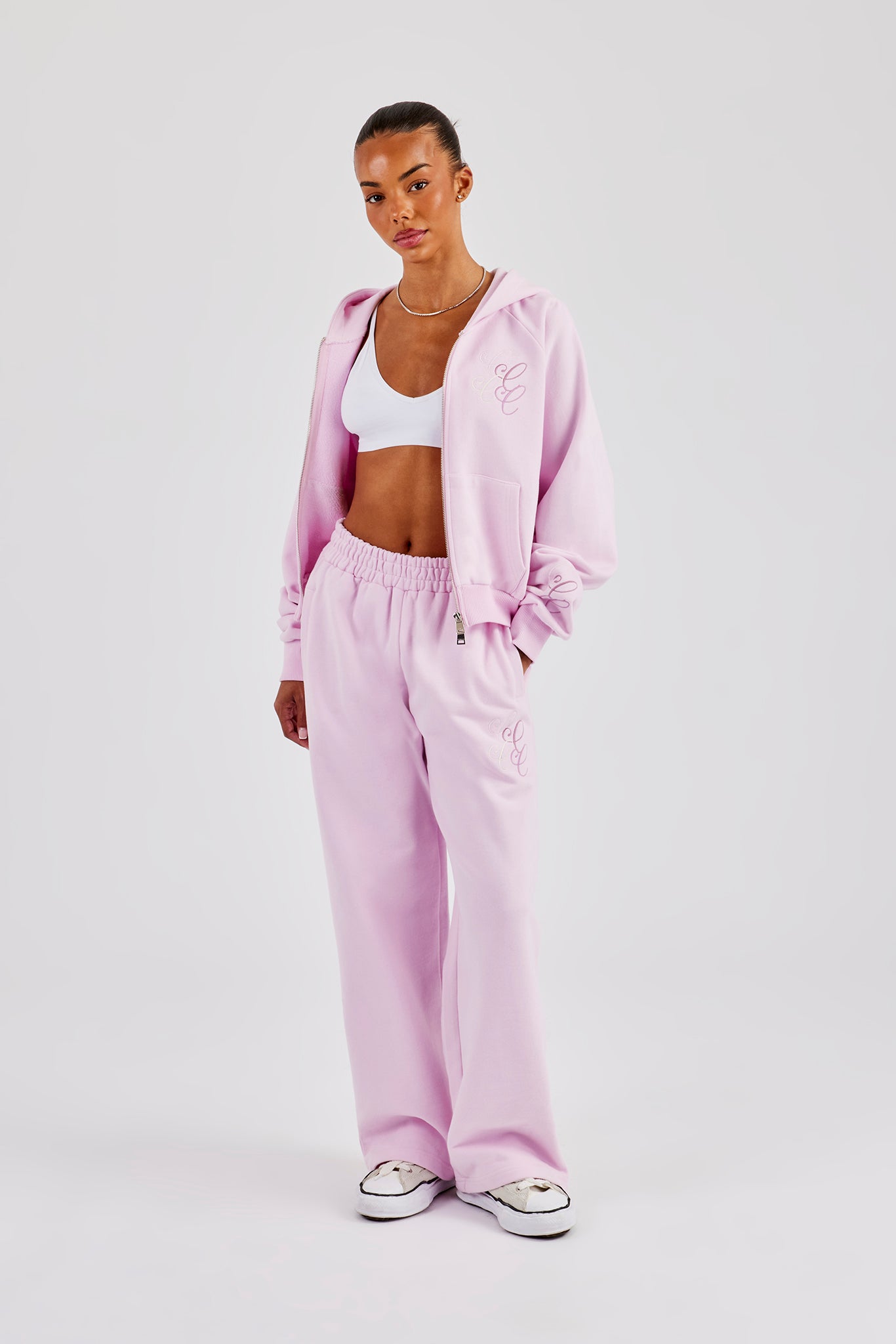 Embroidered Applique Boxy Zip Through Hoodie & Wide Leg Jogger