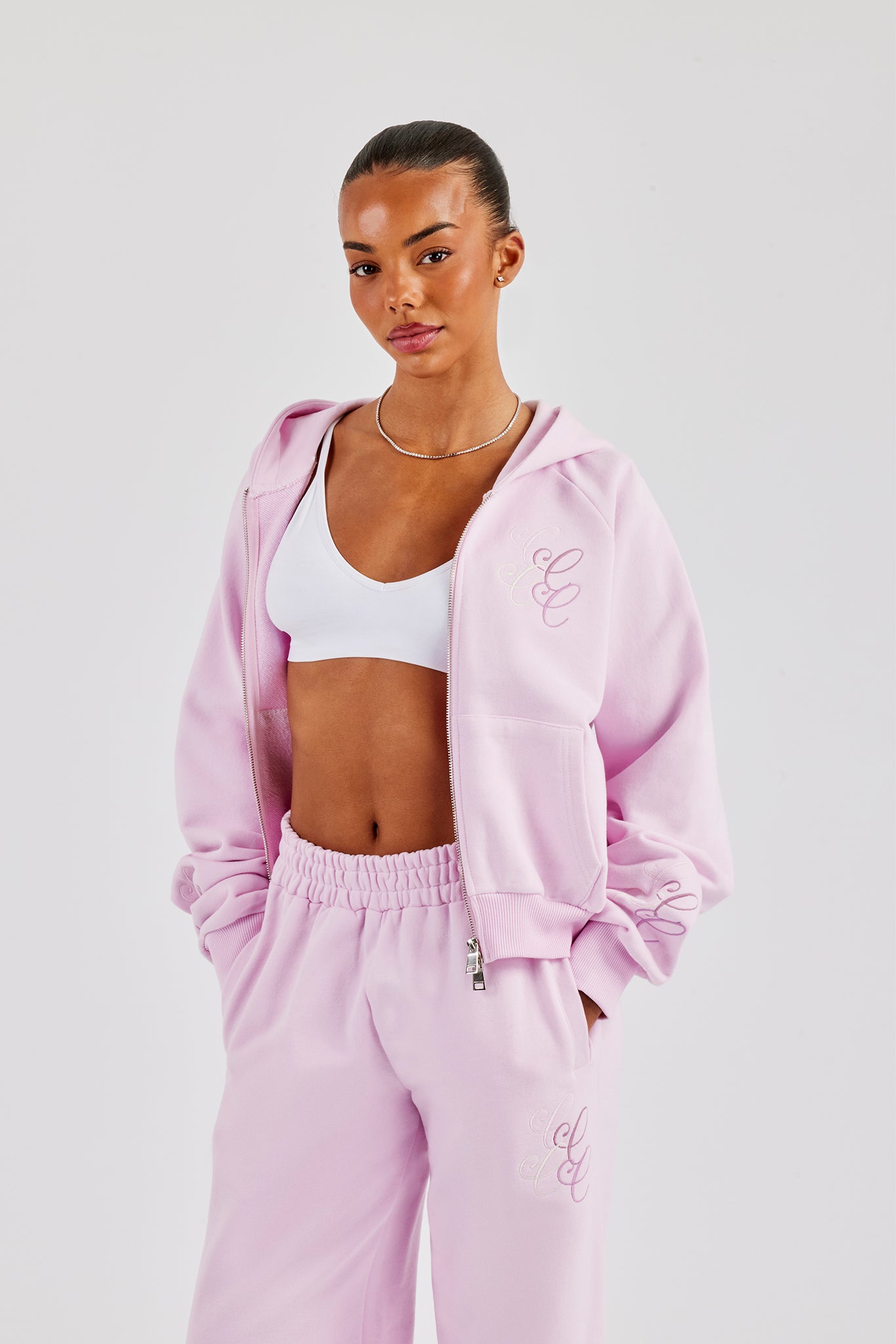 Embroidered Applique Boxy Zip Hoodie - Pink