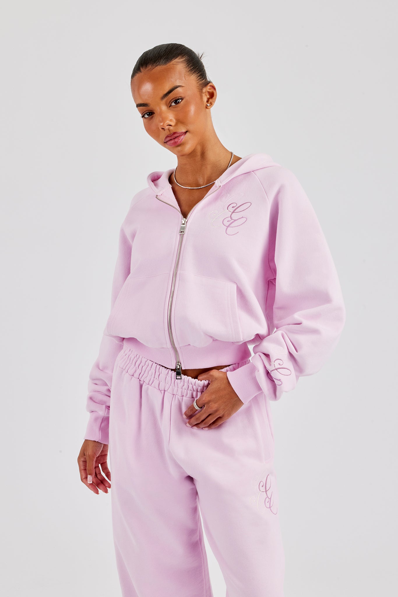 Embroidered Applique Boxy Zip Hoodie - Pink