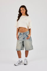Cropped Contrast Stitch Sticker Back Print T-Shirt - Off White