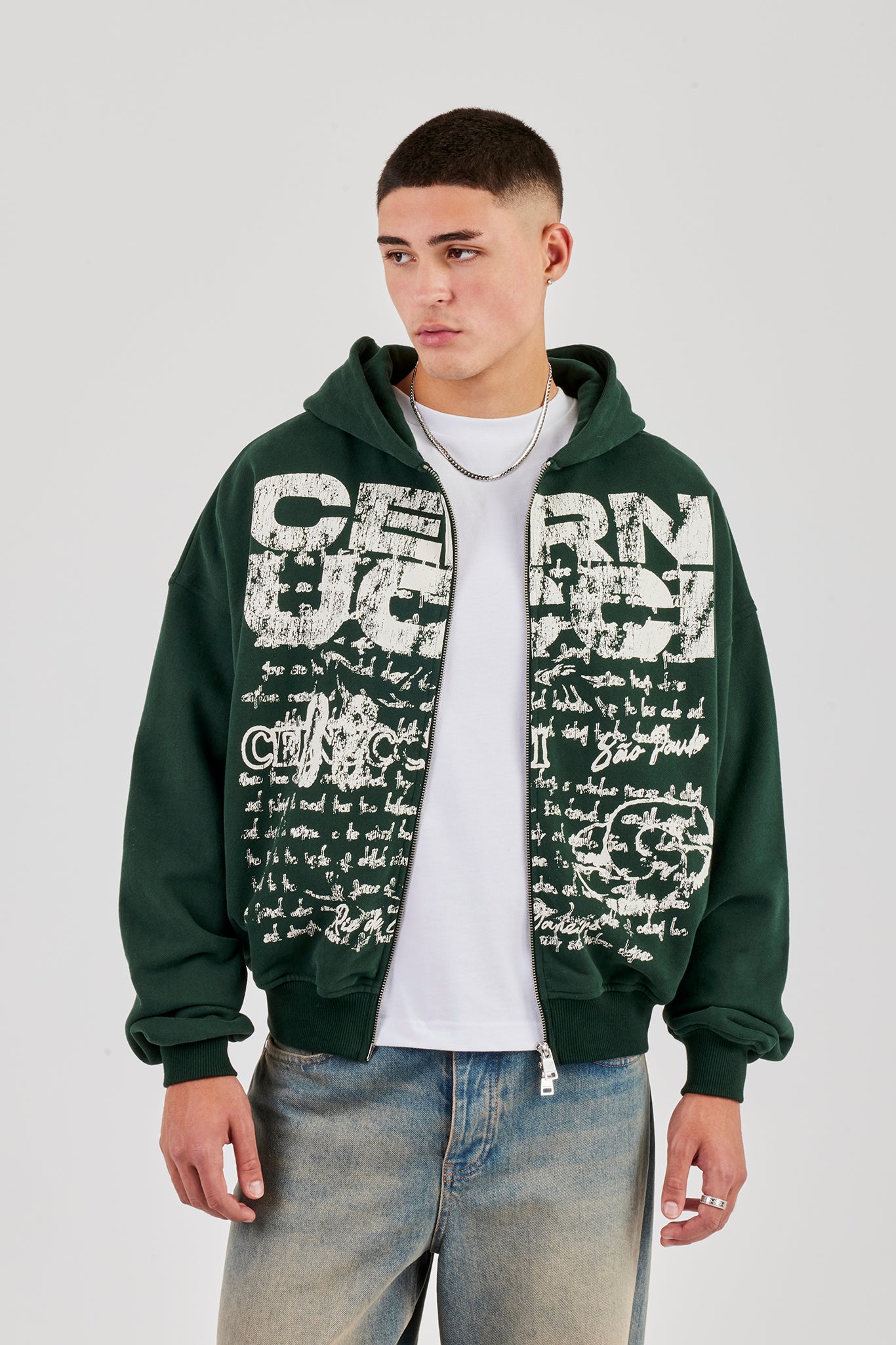 Kastenförmiger Kapuzenpullover mit durchgehendem Reißverschluss und Print - Waldgrün