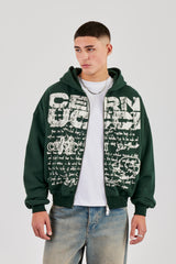 Kastenförmiger Kapuzenpullover mit durchgehendem Reißverschluss und Print - Waldgrün