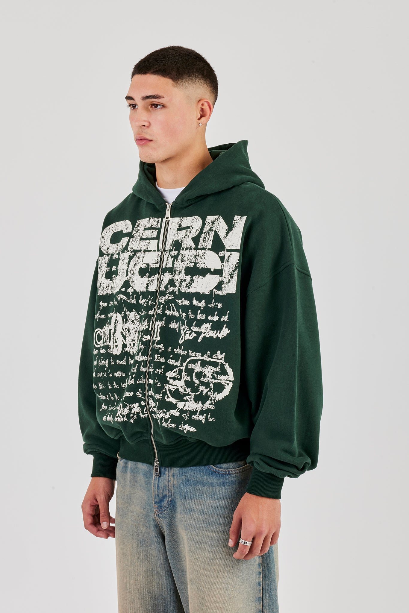Boxy Zip Through Printed Hoodie - Forest Green | Mens Hoodies