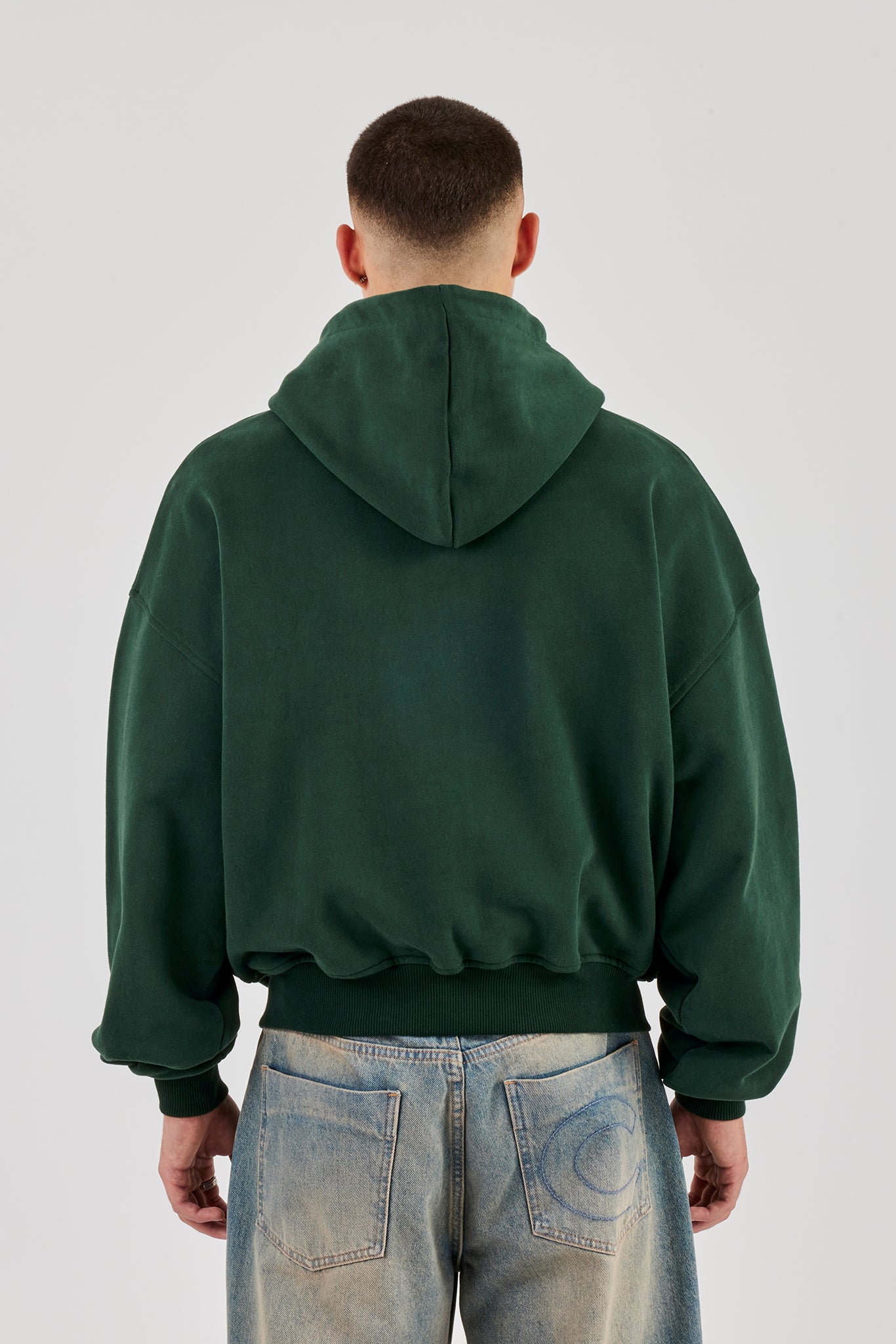Kastenförmiger Kapuzenpullover mit durchgehendem Reißverschluss und Print - Waldgrün