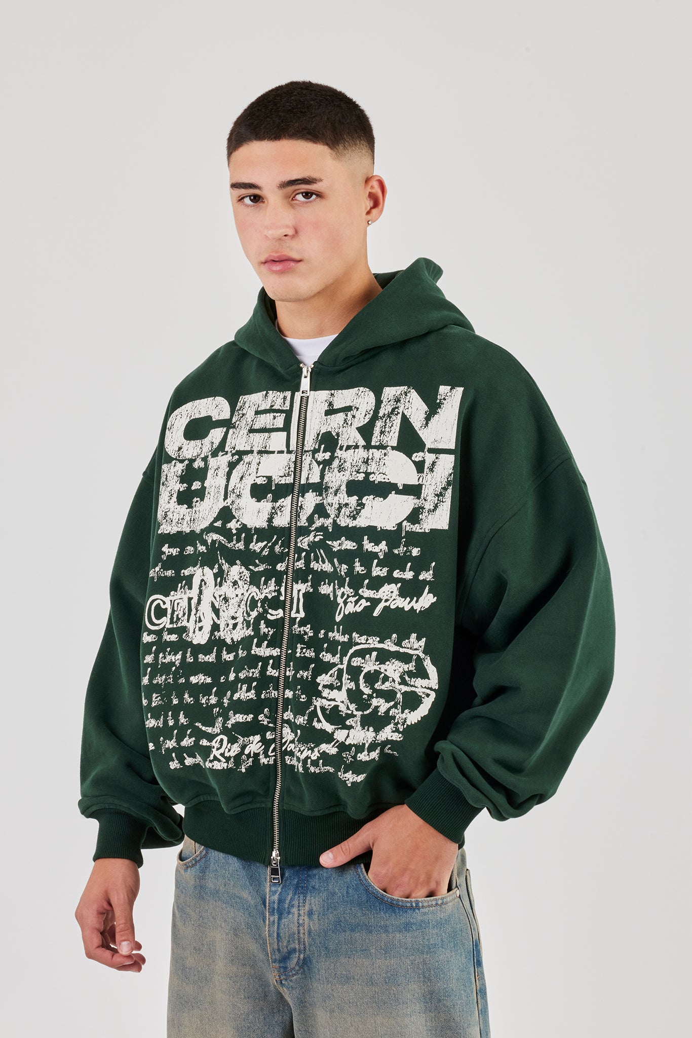 Kastenförmiger Kapuzenpullover mit durchgehendem Reißverschluss und Print - Waldgrün