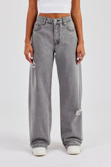 Tie Waist Shadow Pocket Baggy Jean - Washed Grey