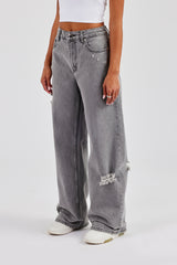 Tie Waist Shadow Pocket Baggy Jean - Washed Grey