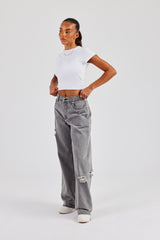 Tie Waist Shadow Pocket Baggy Jean - Washed Grey