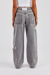 Tie Waist Shadow Pocket Baggy Jean - Washed Grey