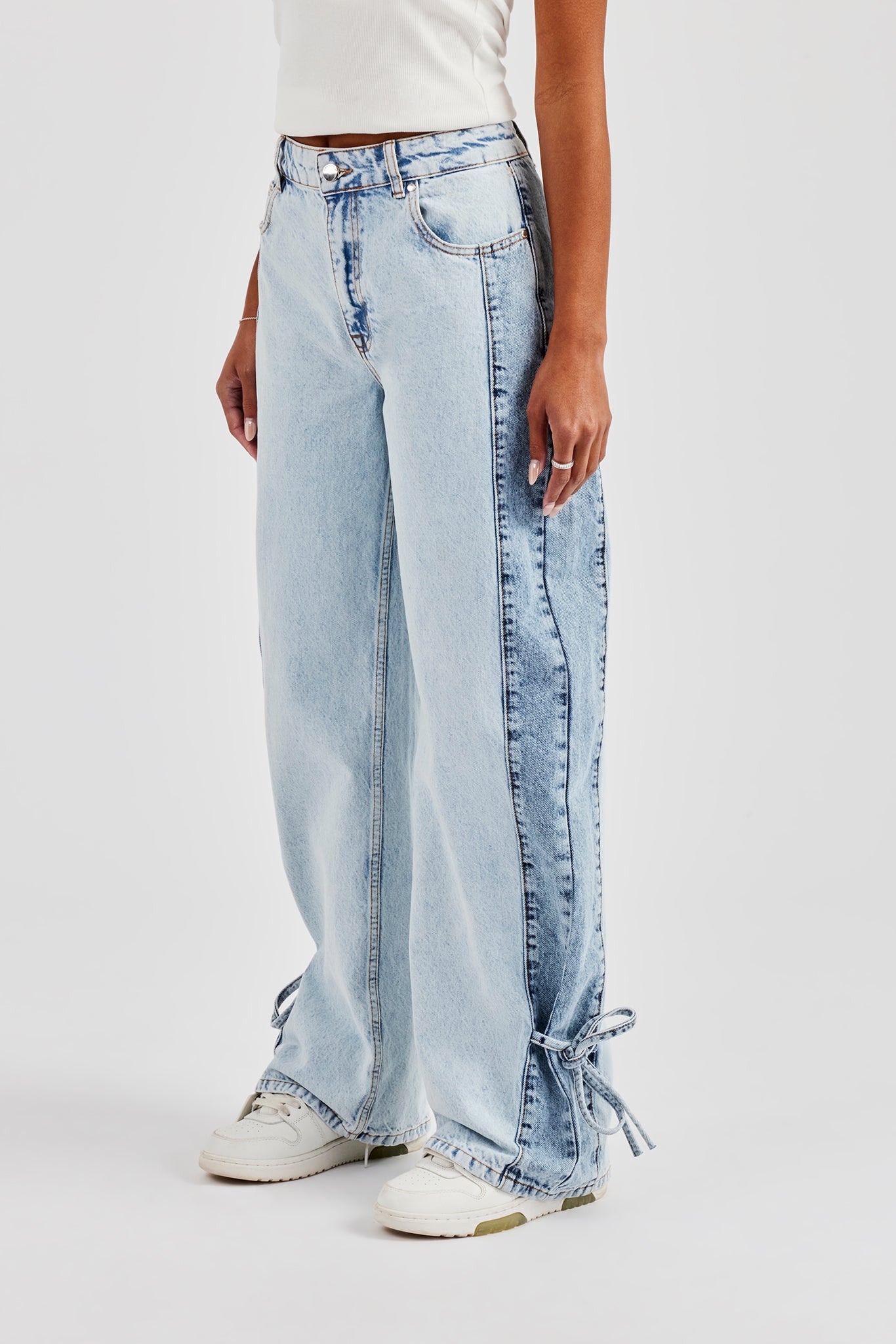 Contrast Panel Tie Bottom Baggy Jean - Ice Blue
