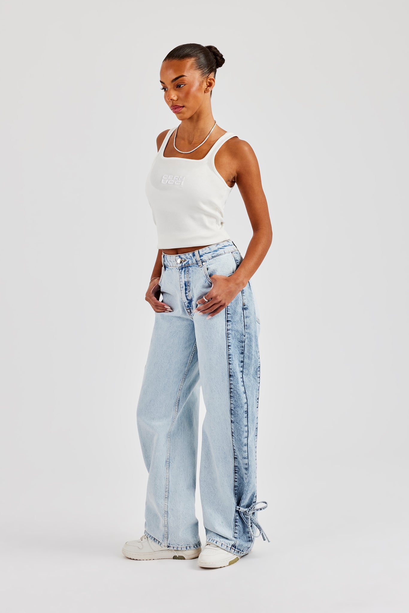 Contrast Panel Tie Bottom Baggy Jean - Ice Blue | Womens Denim