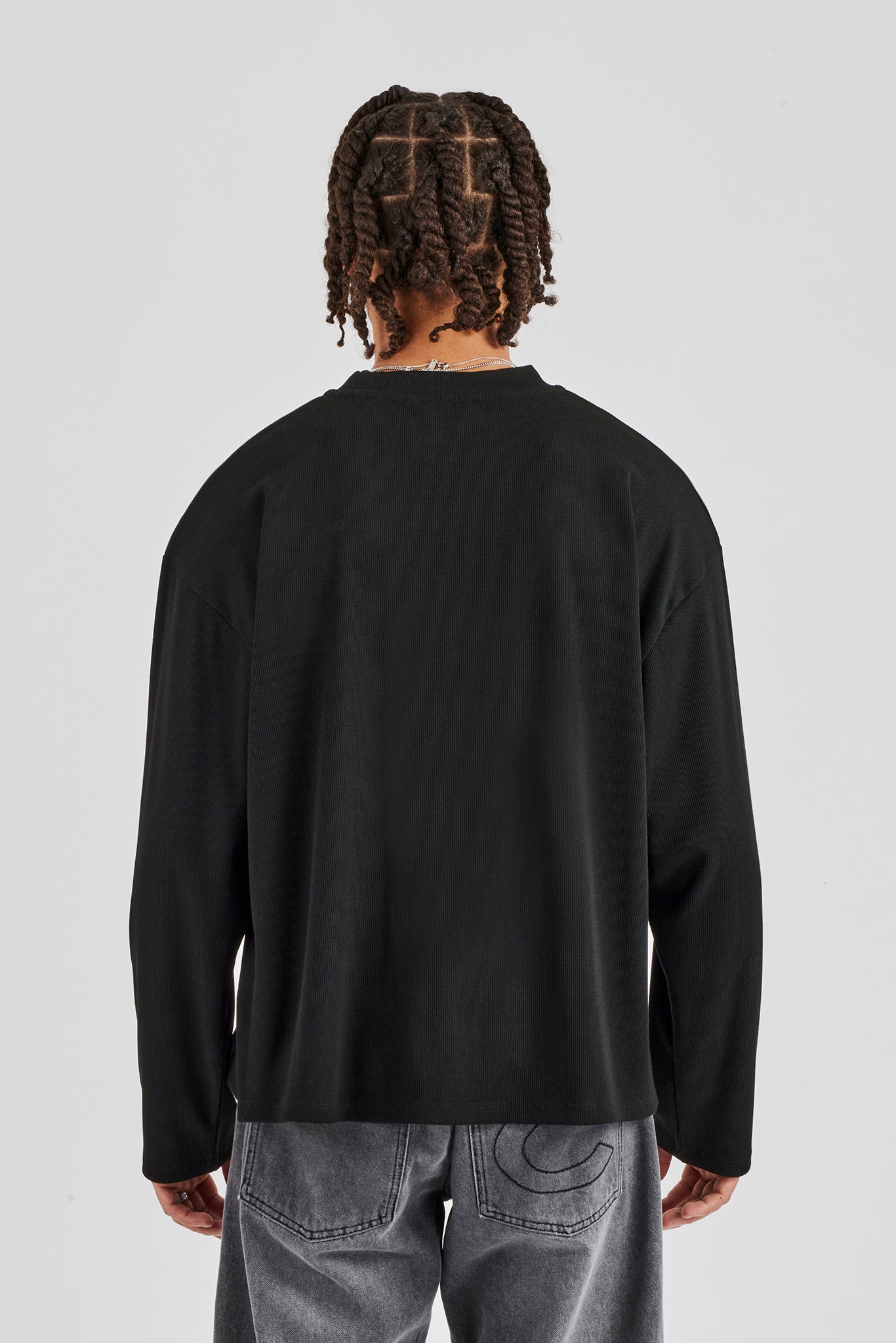 Ribbed Long Sleeve Embroidered T-Shirt - Black