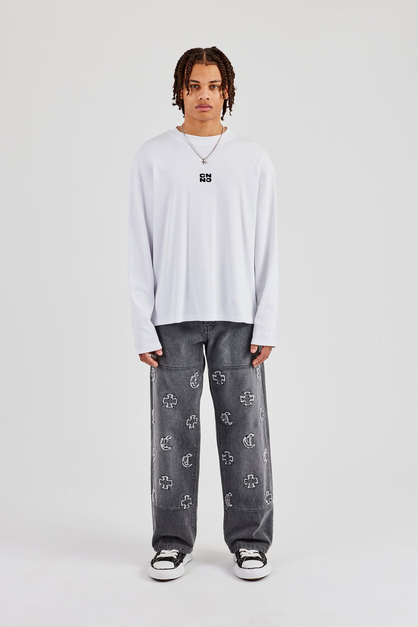 Ribbed Long Sleeve Embroidered T-Shirt - White | Mens Tees & Vests