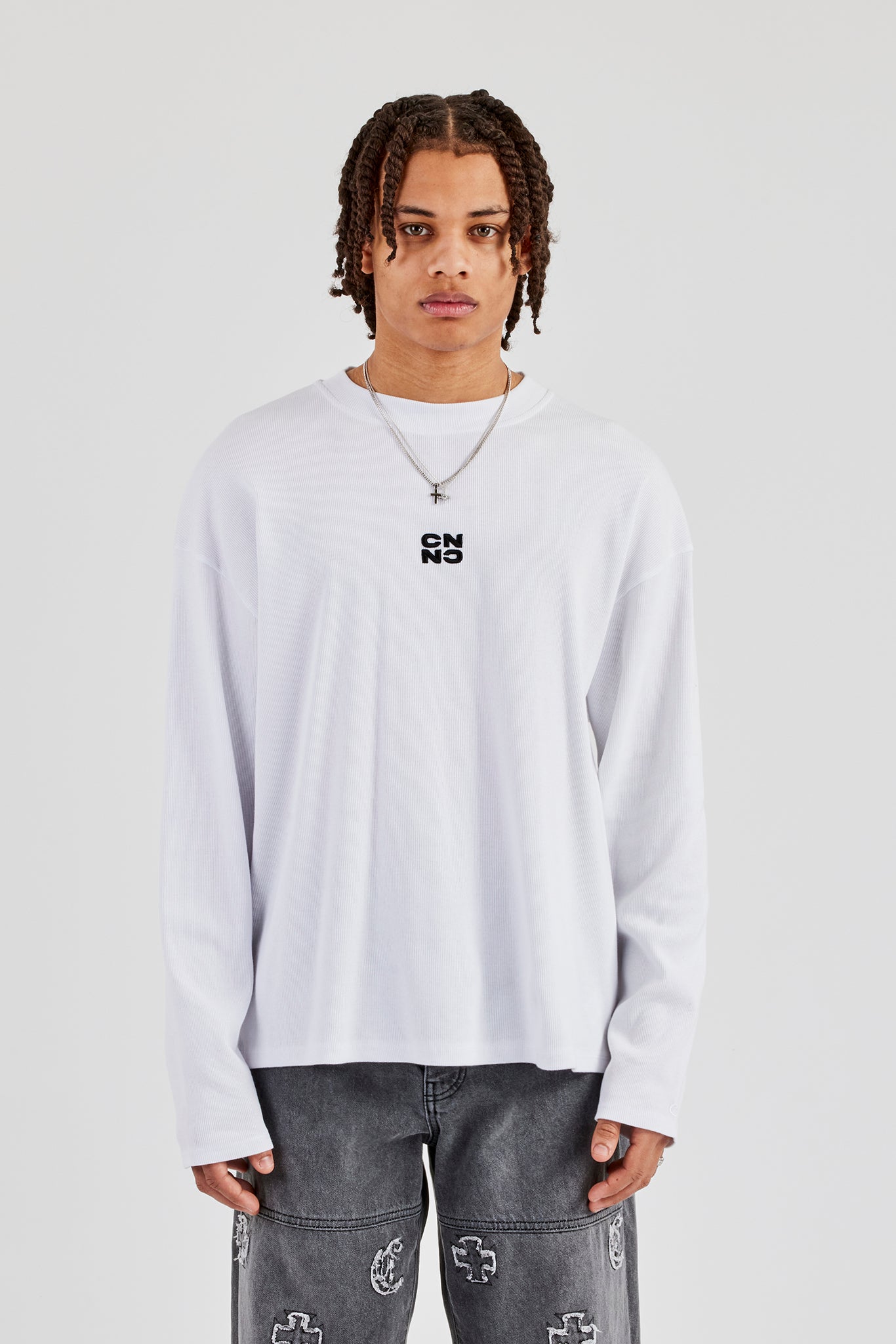 Ribbed Long Sleeve Embroidered T-Shirt - White | Mens Tees & Vests