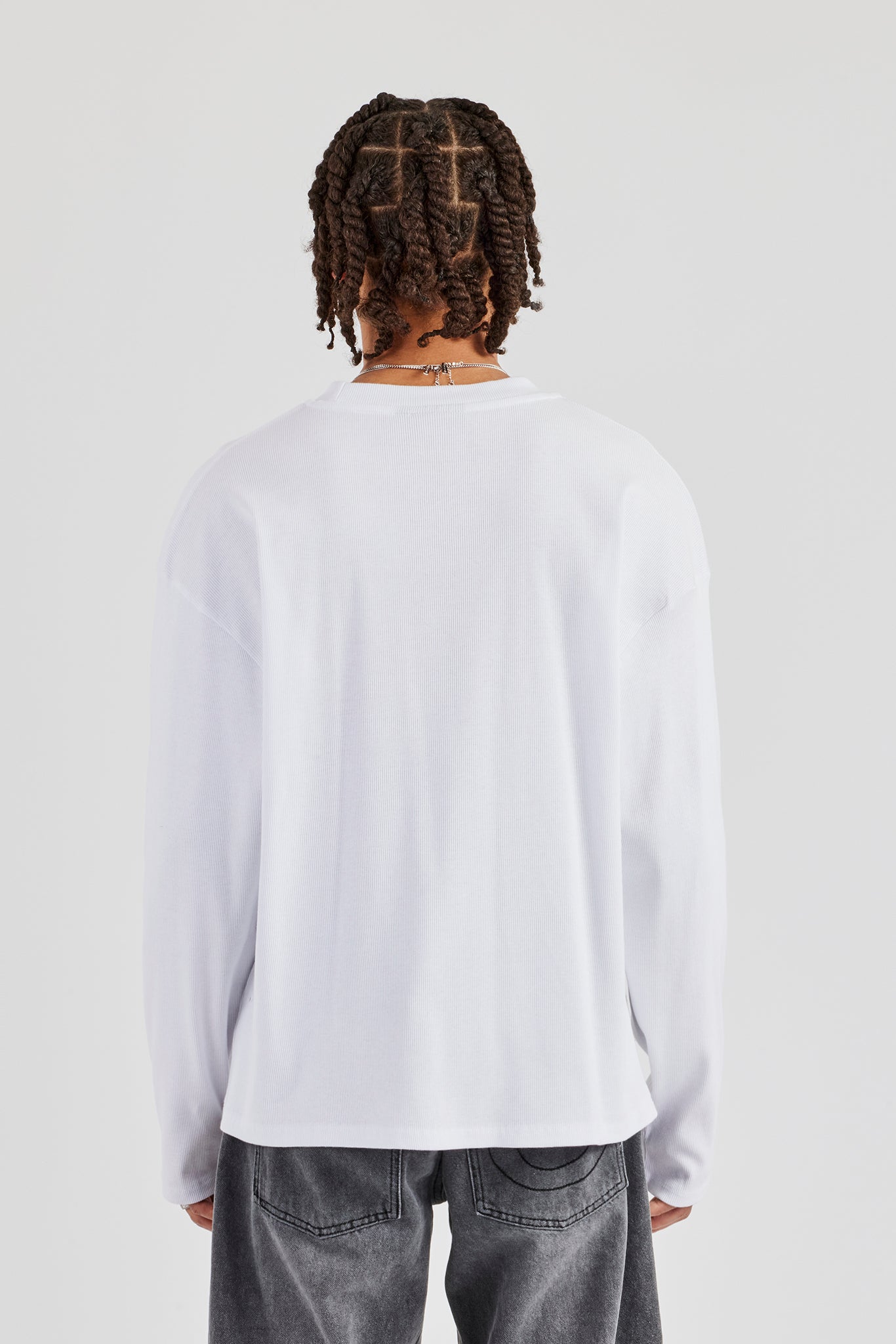 Ribbed Long Sleeve Embroidered T-Shirt - White | Mens Tees & Vests