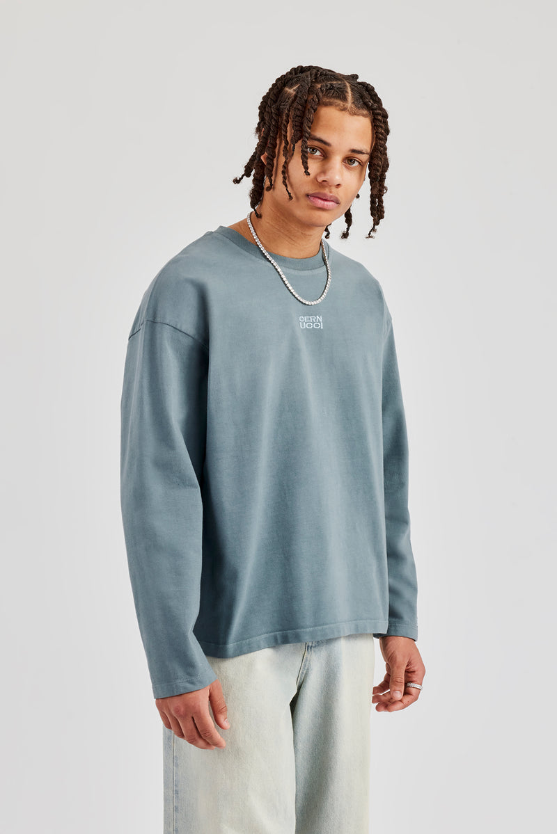 Washed Long Sleeve Embroidered T-Shirt - Blue