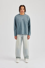 Washed Long Sleeve Embroidered T-Shirt - Blue