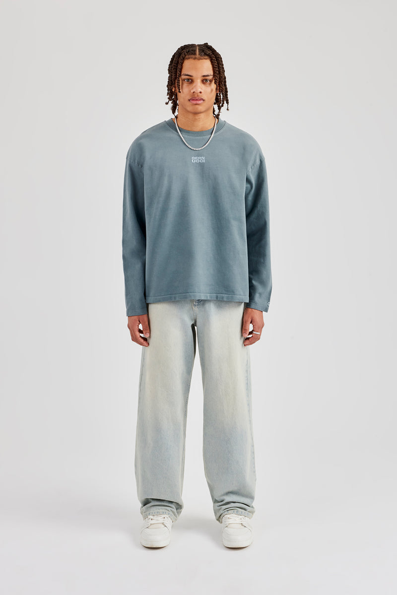 Washed Long Sleeve Embroidered T-Shirt - Blue