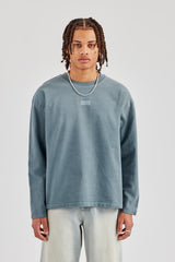 Washed Long Sleeve Embroidered T-Shirt - Blue