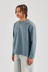 Washed Long Sleeve Embroidered T-Shirt - Blue