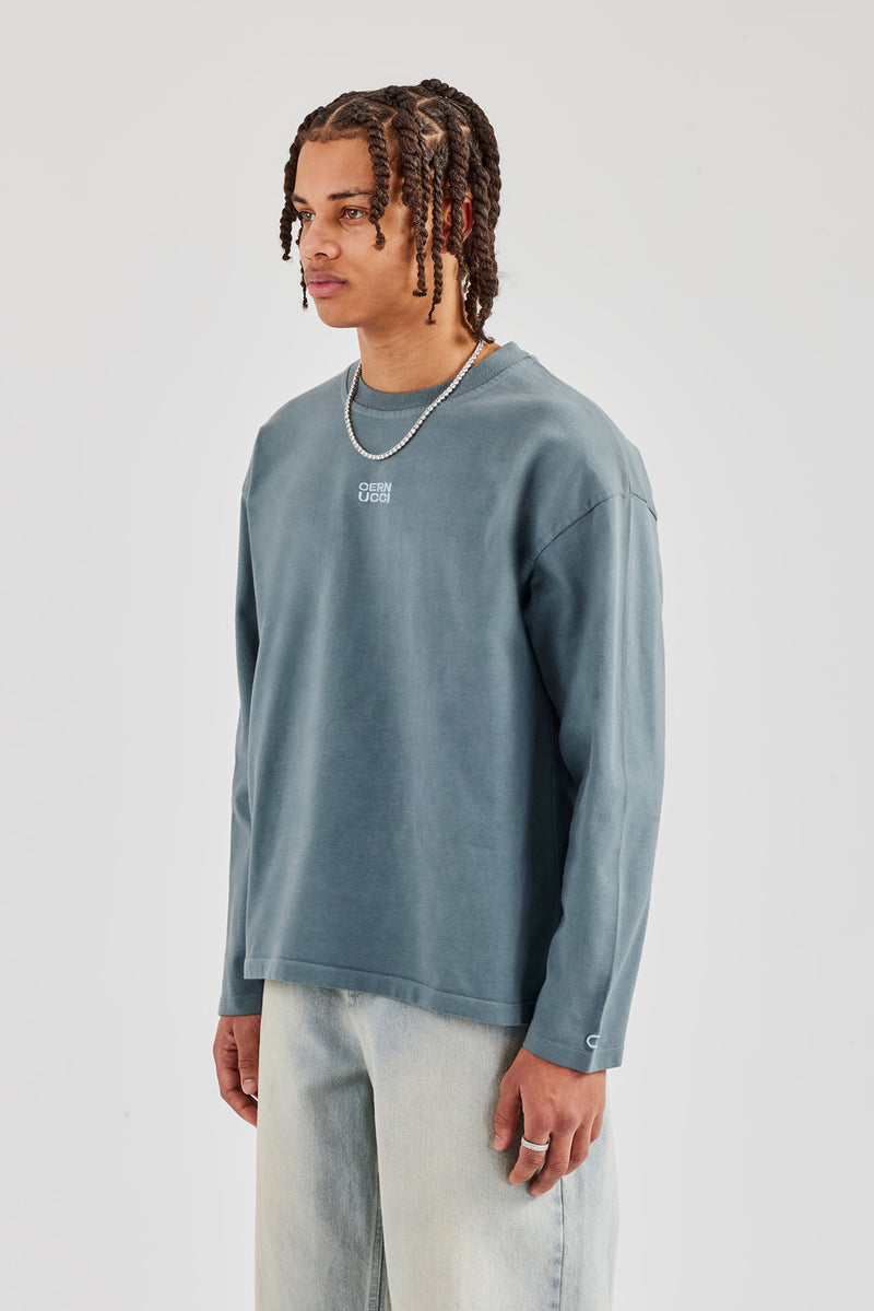 Washed Long Sleeve Embroidered T-Shirt - Blue