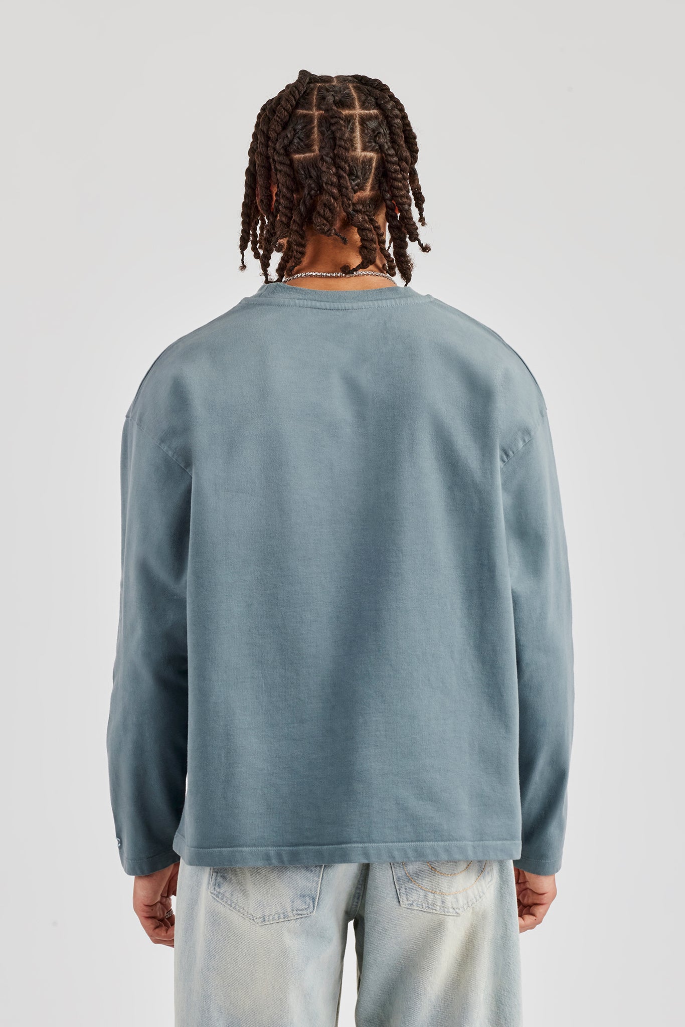 Washed Long Sleeve Embroidered T-Shirt - Blue