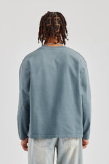 Washed Long Sleeve Embroidered T-Shirt - Blue