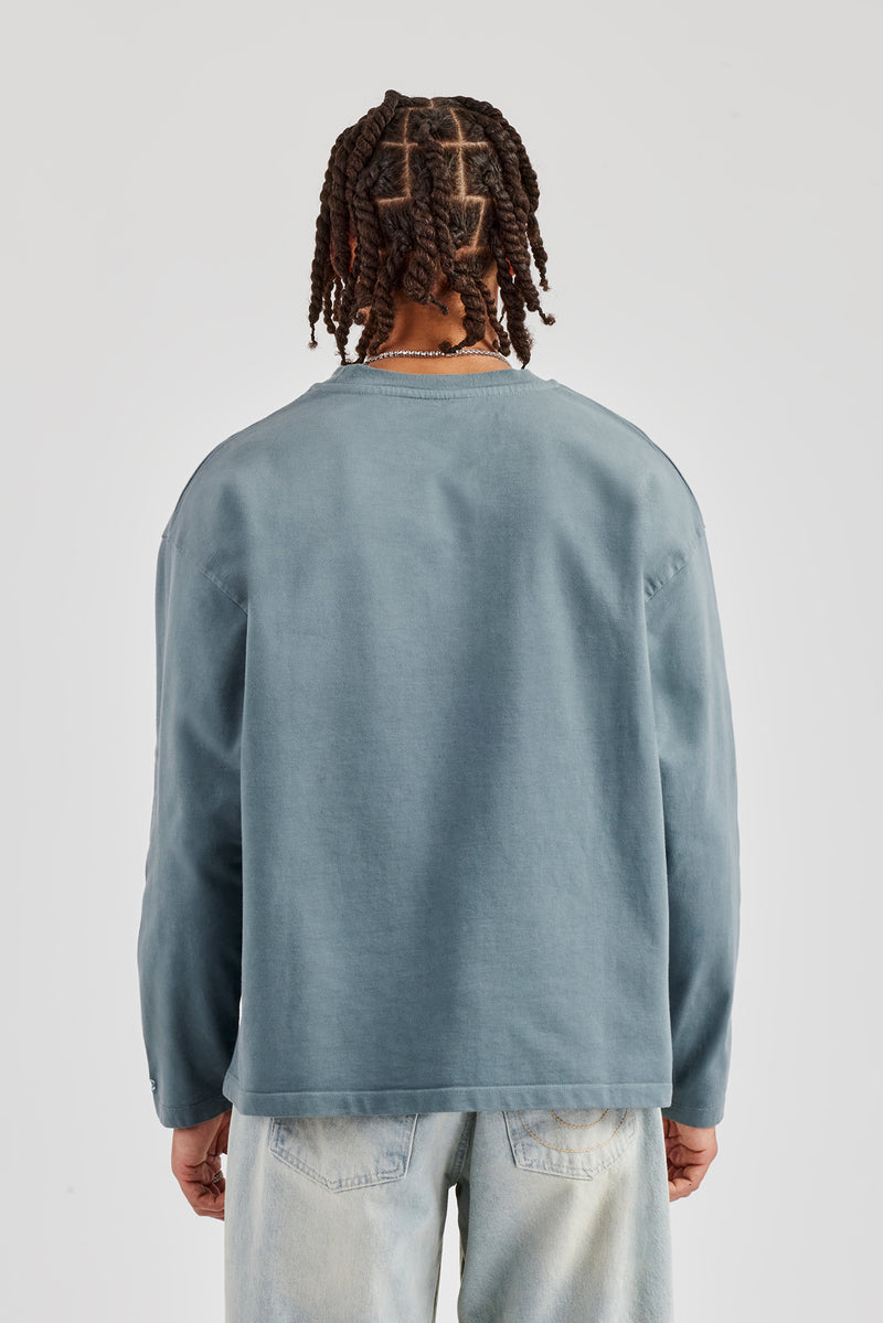 Washed Long Sleeve Embroidered T-Shirt - Blue